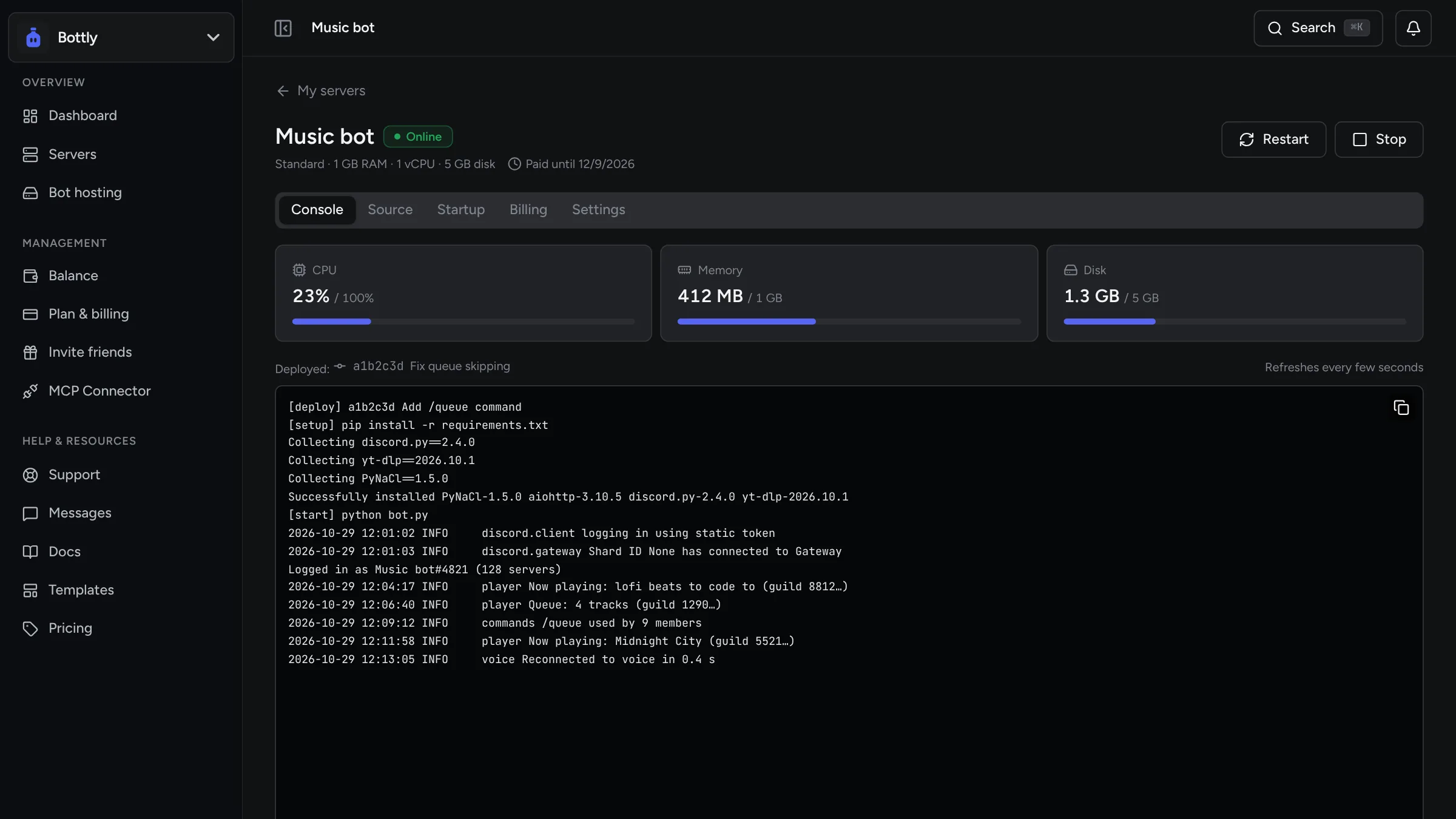 Bottly hosting panel: a music bot online with its CPU, memory and disk use and live console